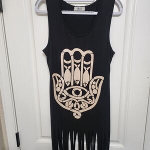 Black Sleeveless Dress with Fringe and Hand Design